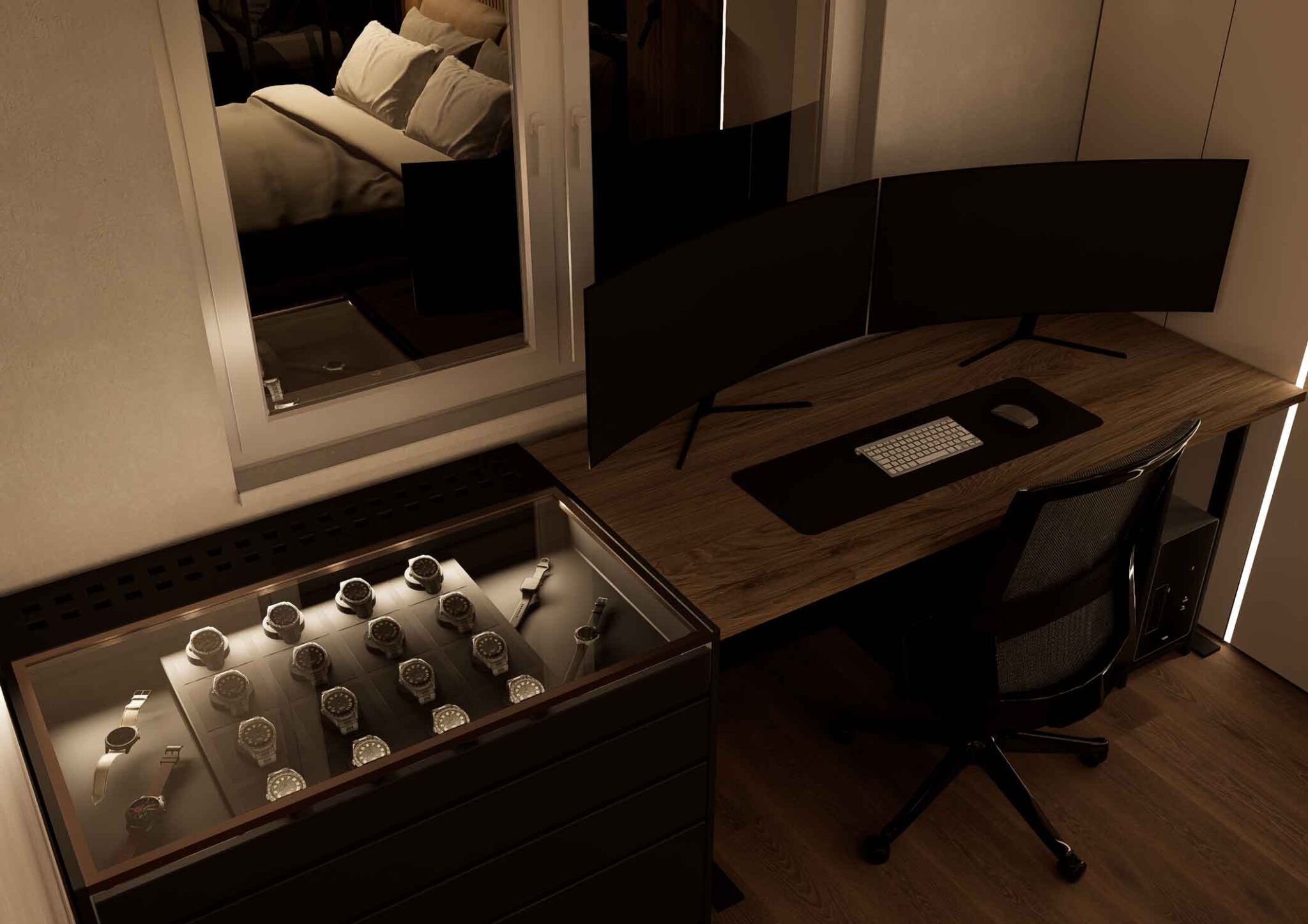 Radni kutak sa kolekcijom satova i duplim ekranima – SMS 3D Studio